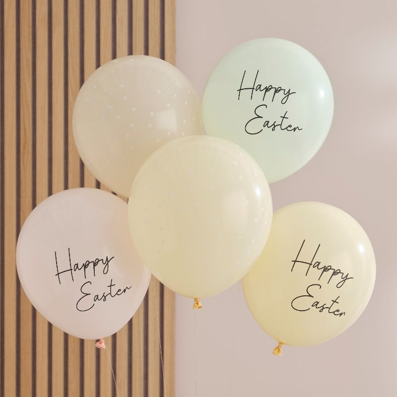 Vibrant pastel balloon bundle with polka dots and 'Happy Easter' message, perfect for festive celebrations.