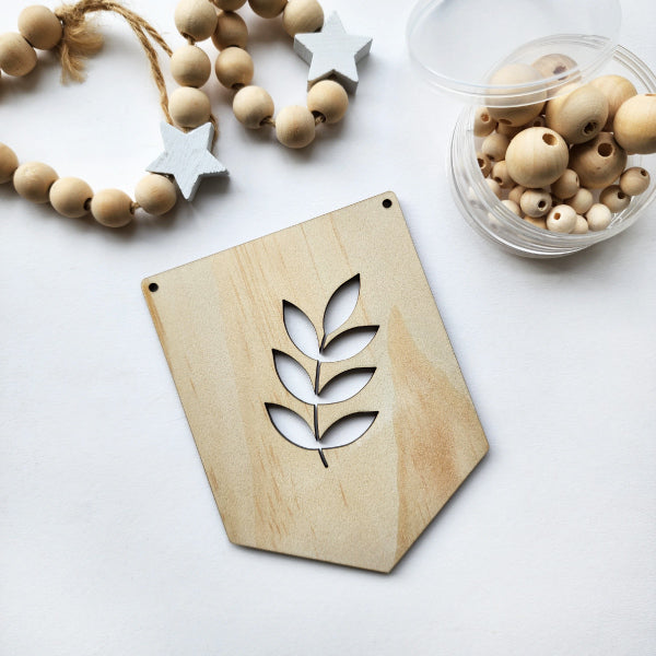 Pine Bunting with leaf design, eco-friendly veneer flags, 12.8cm by 9.8cm, perfect for decor and celebrations.
