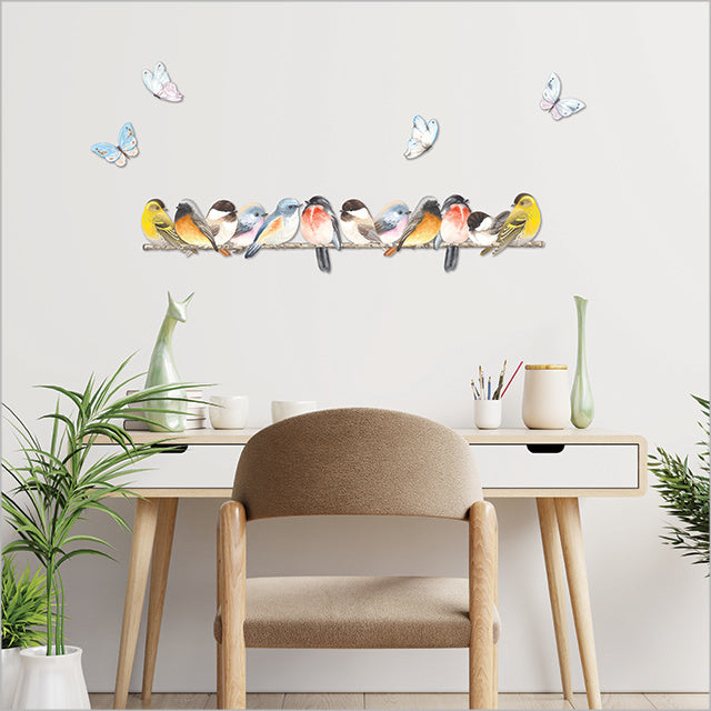 Kiwiana birds on branches with butterflies, stylish wall art set on durable ACM, perfect for indoor or covered outdoor decor.