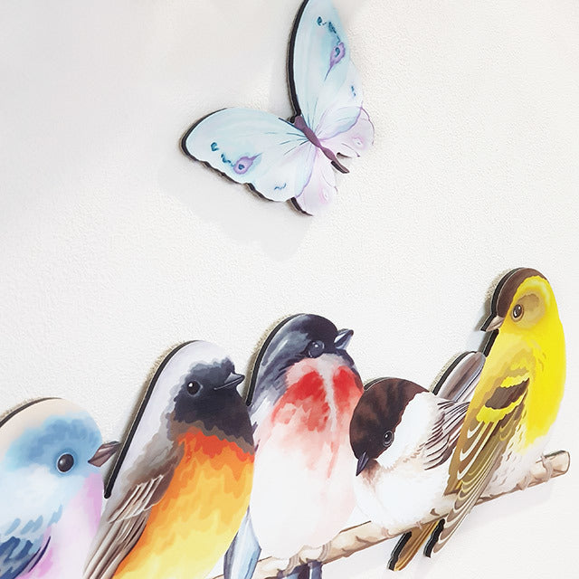 ACM Wall Art featuring Kiwiana birds on branches with butterflies, perfect for indoor and outdoor decor.