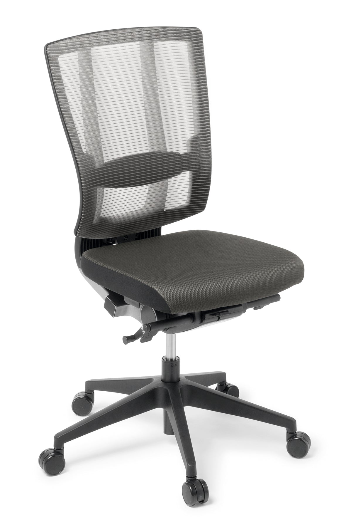 Ergonomic Cloud Ergo no arms office chair with high backrest, grey mesh, lumbar support, and customizable features for comfort.