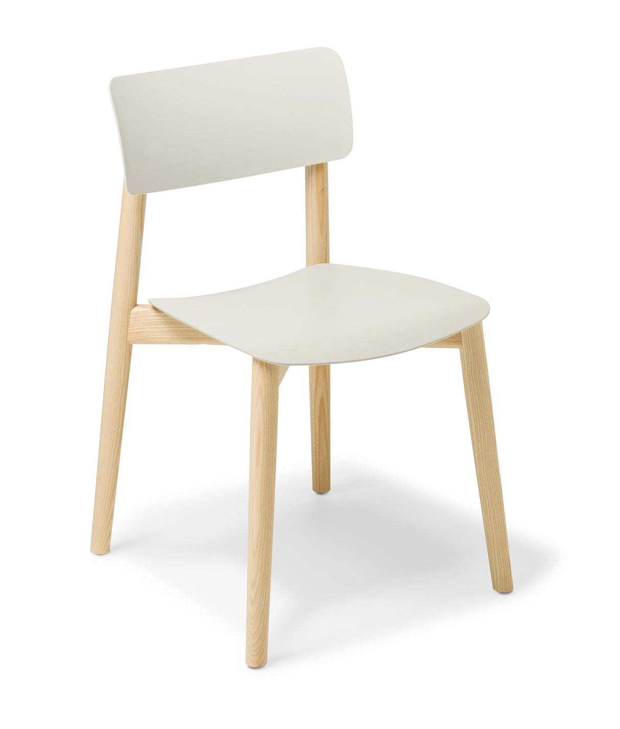 East Chair in Dove: minimalist design with a durable polypropylene seat, solid Ash timber frame, and floor protection features.