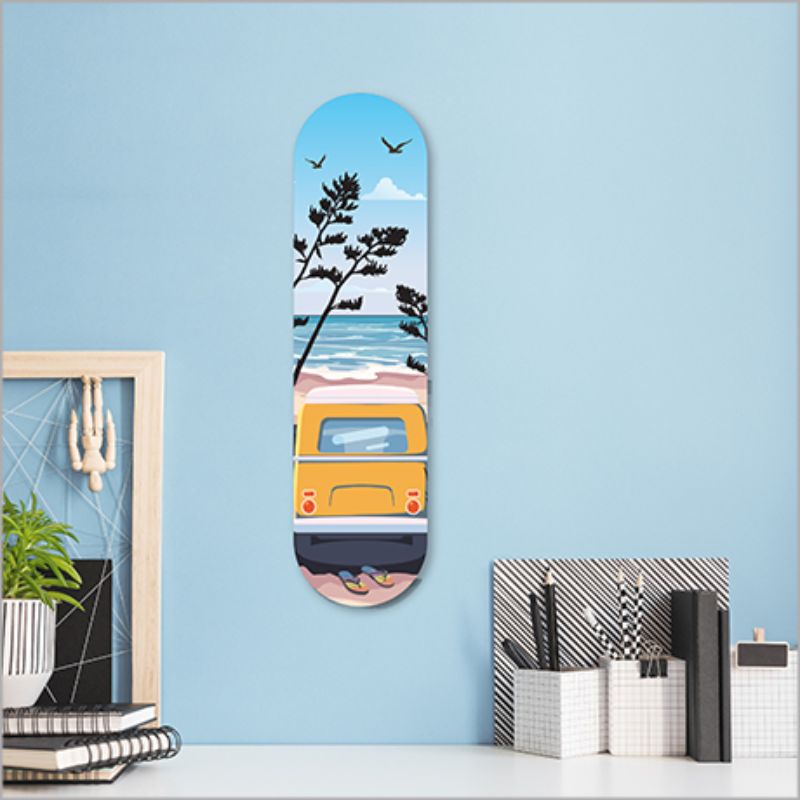 Vibrant beach-themed skateboard art printed on 4mm thick ACM, ideal for indoor/outdoor decor, easy to hang.