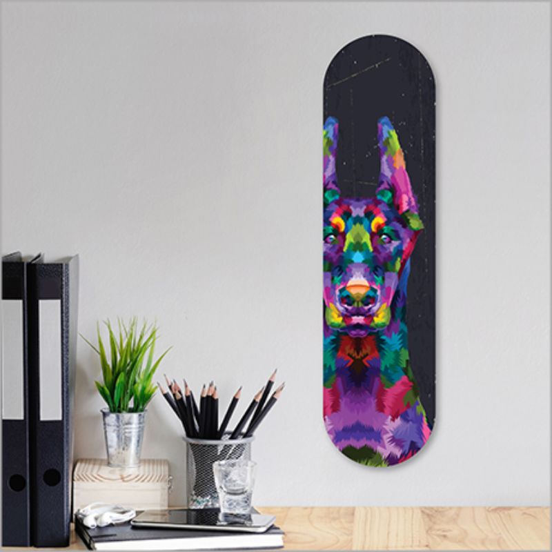 ACM Printed Skateboard Art featuring a vibrant Dobermann design, ideal for pet lovers and skateboard enthusiasts.