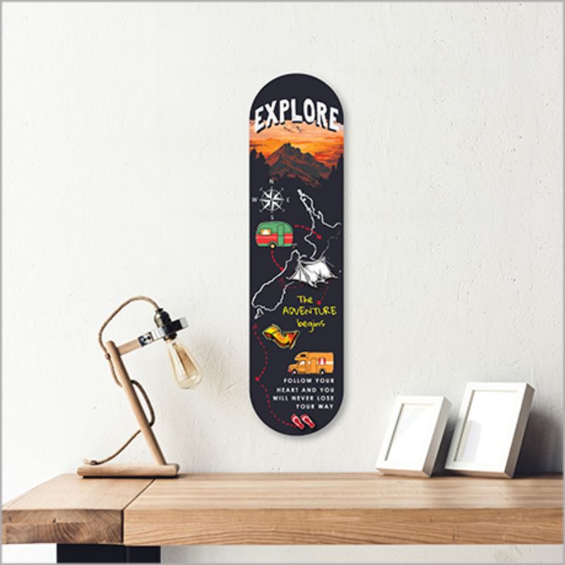 Vibrant 50cm ACM skateboard art featuring New Zealand design, perfect for indoor or outdoor decor with easy hanging.