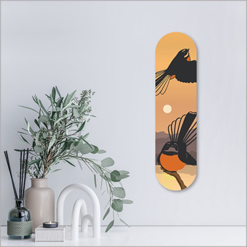 ACM 50cm circular skateboard art showcasing a vibrant fantail sunset design, perfect for indoor and outdoor decor.