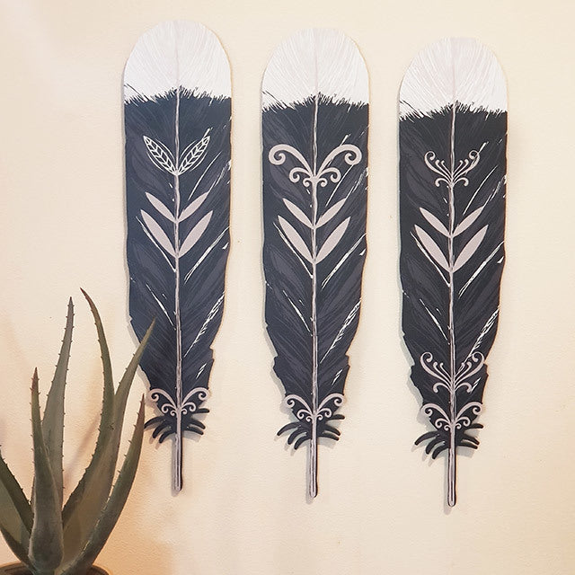 Stunning Kiwiana Huia feathers wall art set, 48cm, printed on durable ACM, ideal for home decor and gifting.