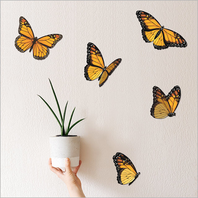 Vibrant Kiwiana Monarch butterfly wall art set featuring five intricately designed pieces for indoor or outdoor decor.