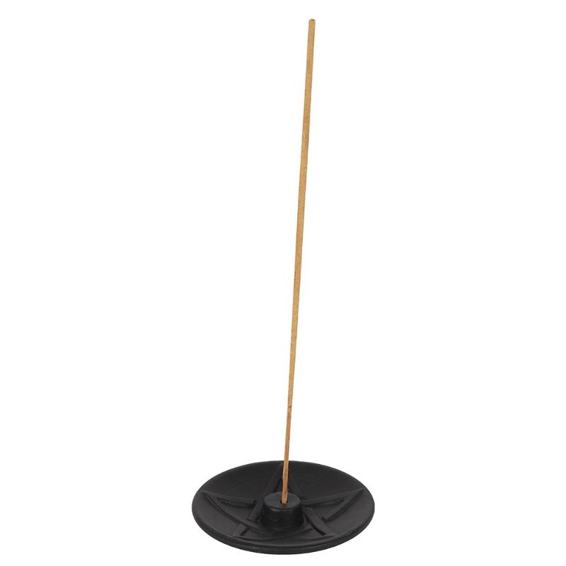 Black terracotta incense plate with intricate pentagram design, ideal for altars and meditation spaces, H:2 x W:9 x D:9 cm.