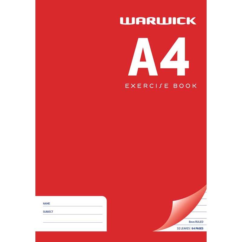 Warwick A4 exercise book with 32 ruled leaves and a vibrant red cover, ideal for organized note-taking and study.