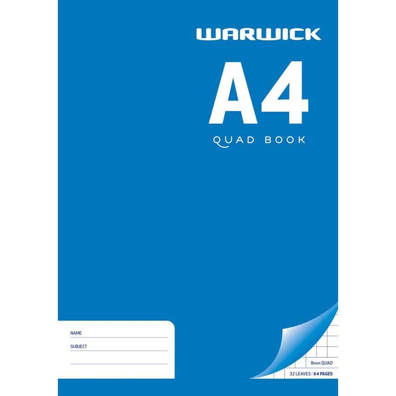 Blue A4 exercise book with 32 leaves and 8mm quad ruling, ideal for math, science, and professional note-taking.