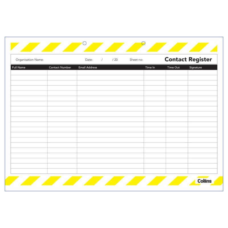 Collins Contact Tracing Register Pad for efficient log tracking of customer and staff information, 50 leaves, 20 rows per sheet.