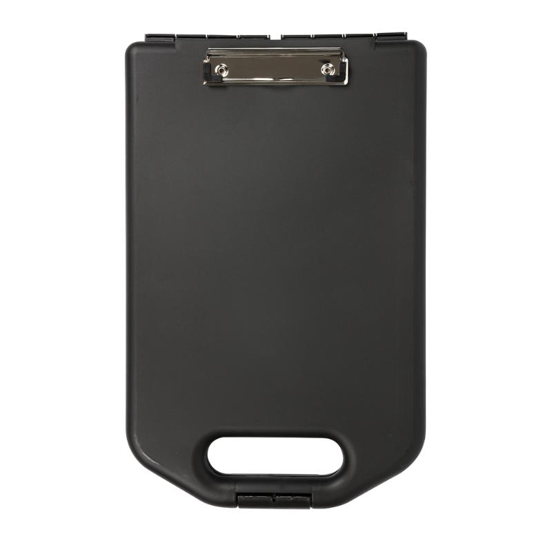 Weatherproof A4 clipboard in black, holding 100 sheets with a metal clip and pen compartment, ideal for outdoor use.