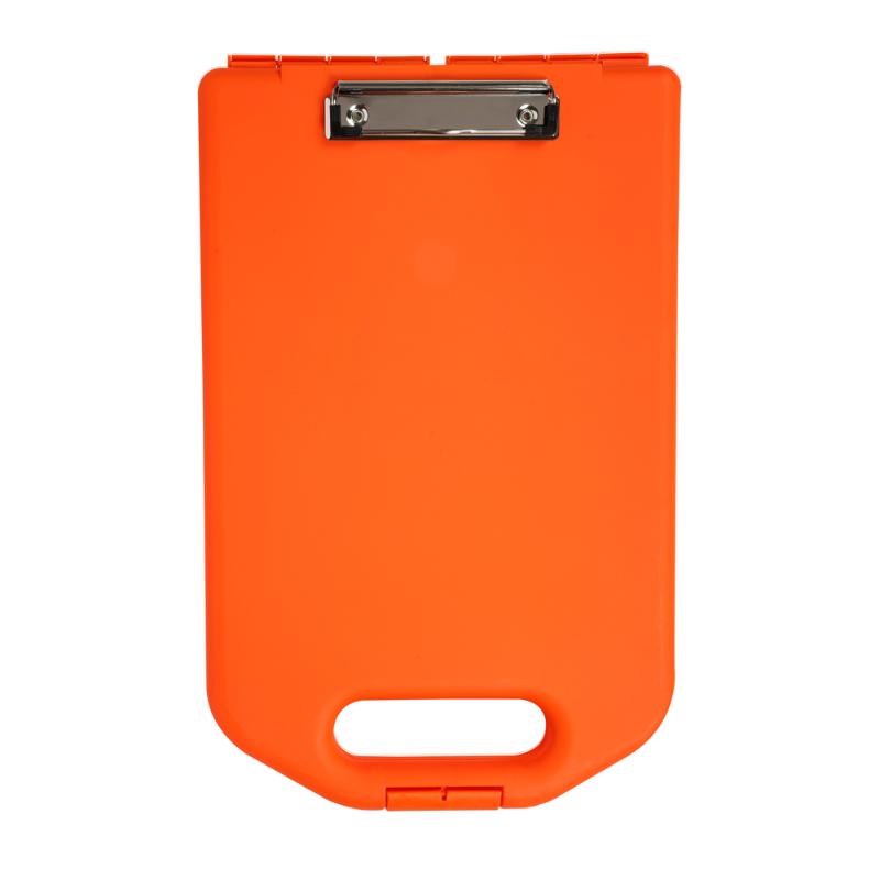 Hi Vis orange A4 clipboard with weatherproof durability, metal clip, and pen compartment for organization on the go.