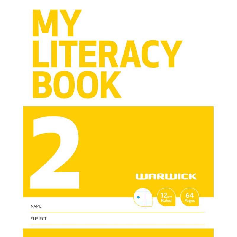 Yellow 64-page literacy notebook with 12mm ruled lines, a blank area for drawings, and durable laminated cover for young writers.