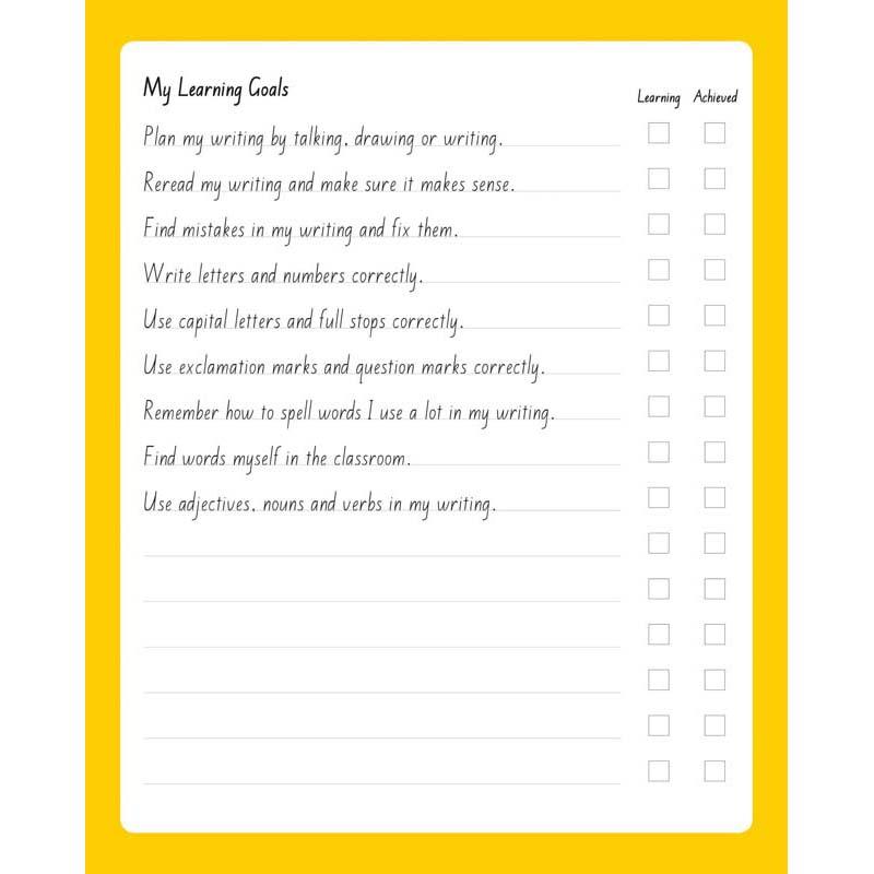 Yellow literacy notebook with 64 pages, featuring 12mm ruled lines and blank spaces for illustrations, perfect for young writers.