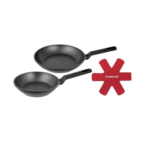 2 Piece Fry Pan Set featuring non-stick titanium coating, ergonomic handle, and durable aluminum for healthy cooking.