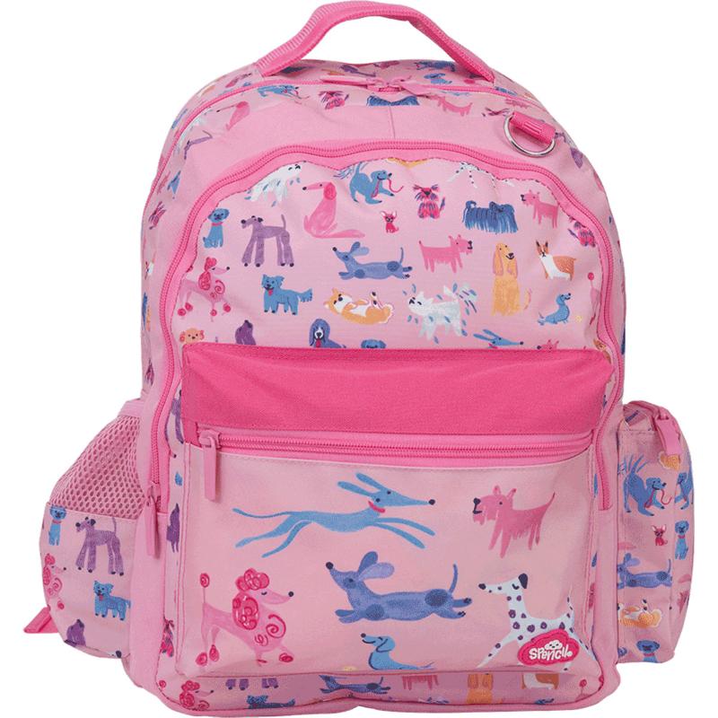 Colorful Spencil Doodle Dogs Junior Backpack, 350x300mm, with padded handle, side zip pocket, and water bottle compartment.