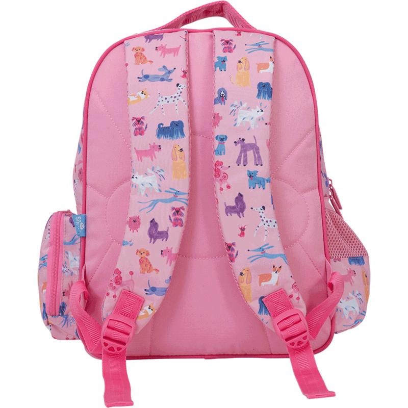 Vibrant Spencil Doodle Dogs Junior Backpack with side zip pocket, water bottle compartment, and padded handle for kids.