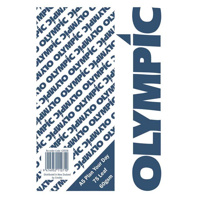 Olympic A5 notepad with 75 leaves of 60gsm paper in blue and white, perfect for daily planning and note-taking.