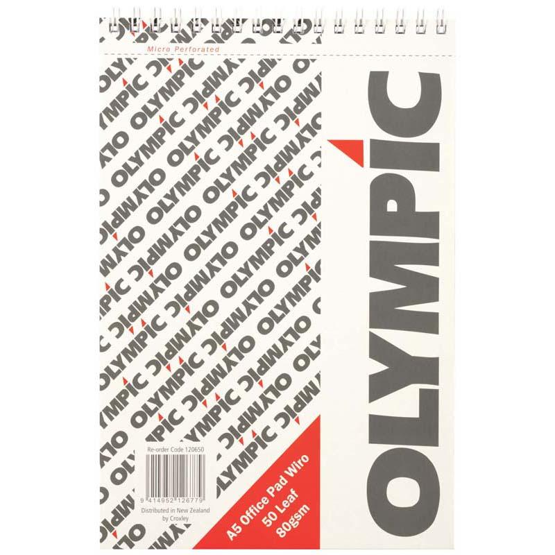Olympic A5 wiro pad with 50 leaves of 80gsm paper, perfect for notes, meetings, and brainstorming sessions.