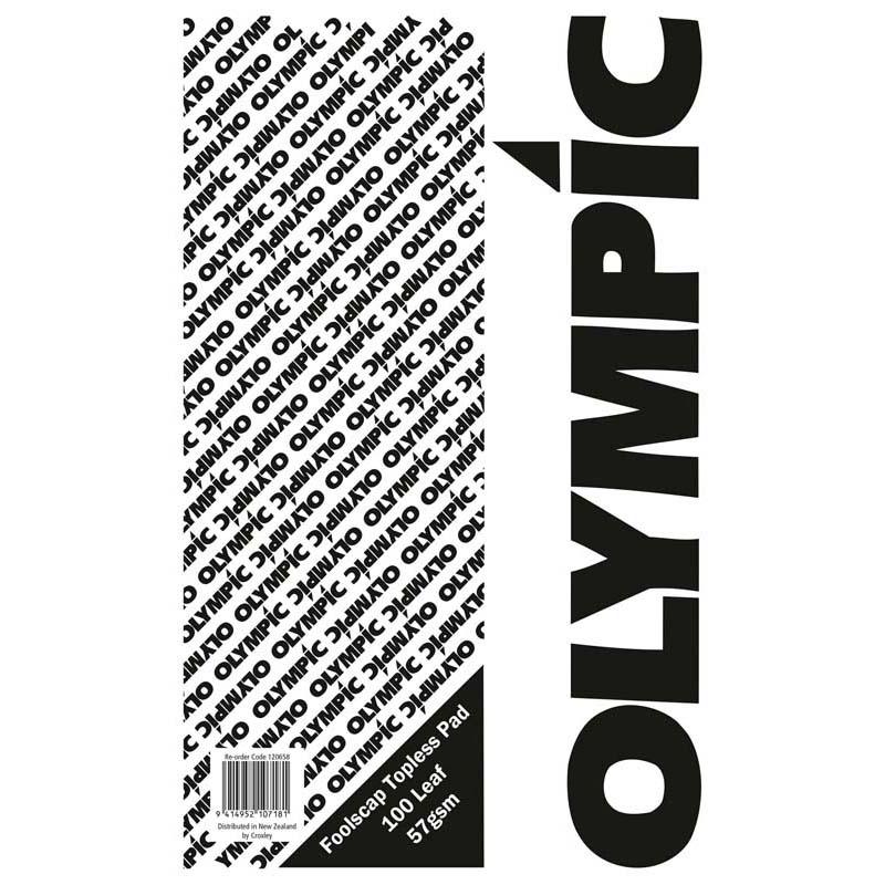 Black and white Olympic Topless Pad, foolscap size with 100 leaves of 60gsm paper, ideal for note-taking and writing.
