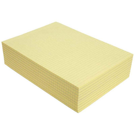Bright yellow A4 pad with 100 leaves of smooth 80gsm paper, perfect for notes and creative projects, featuring 7mm ruling.