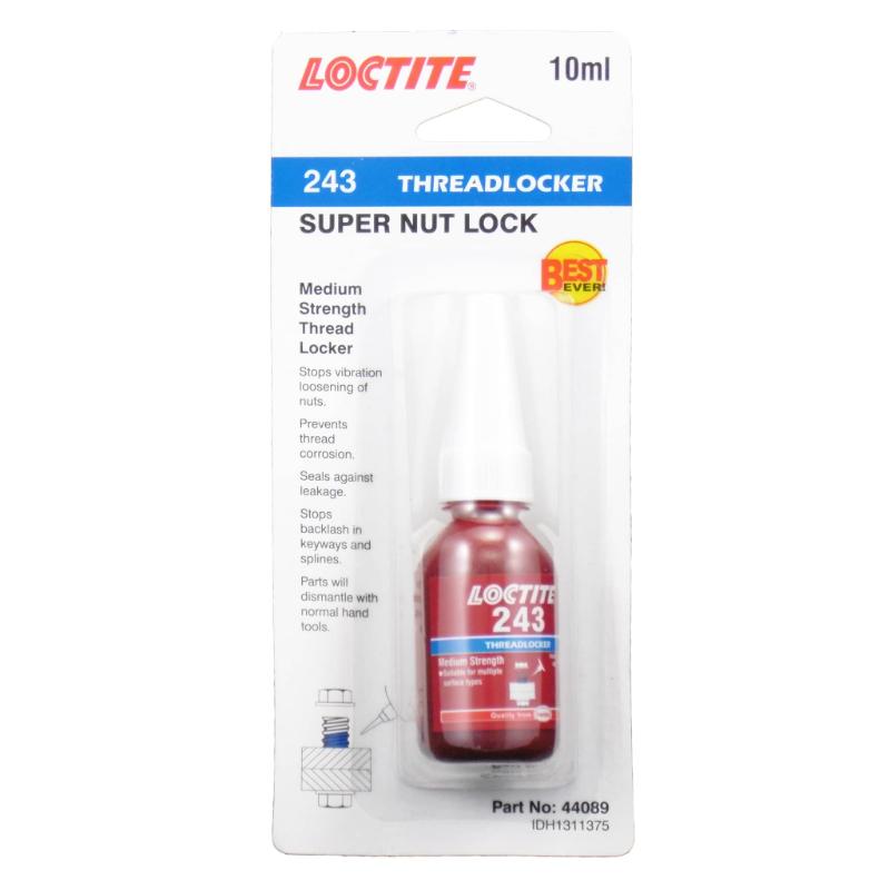 Loctite 243 Threadlocker in a 10ml bottle, designed to secure nuts and bolts, prevent corrosion, and resist vibration loosening.