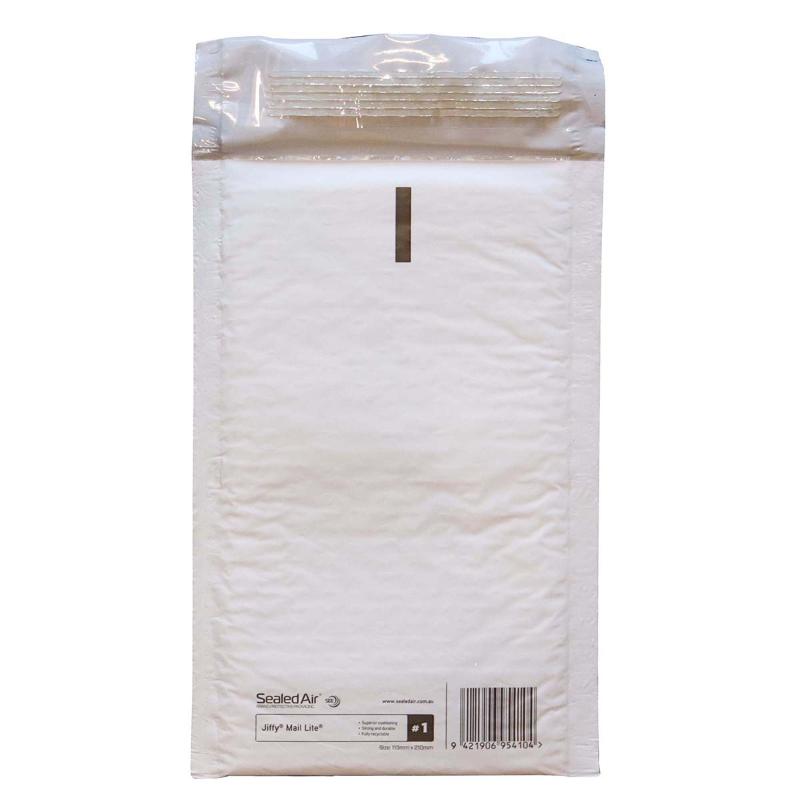 Jiffy Mail Lite Bag Size 1 (113x210mm) - lightweight, protective bubble mailer for safe shipping of fragile items, made with recycled content.