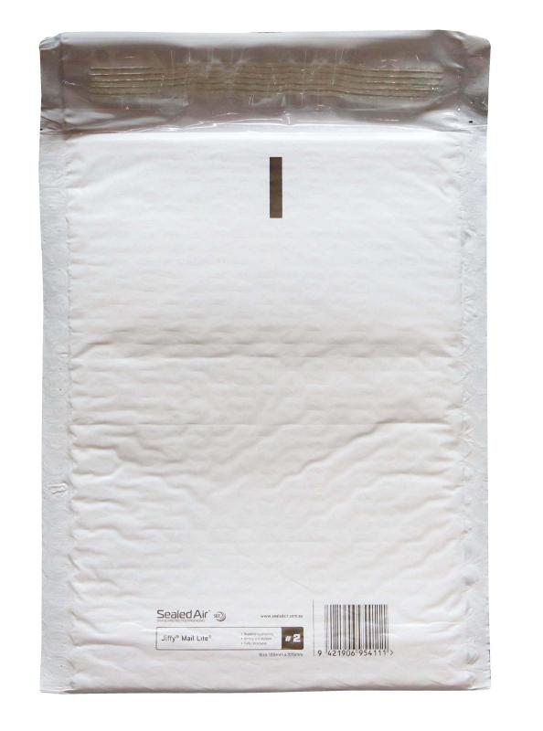 White Jiffy Mail Lite Bag Size 2 (155x225mm) with bubble lining for safe shipping of fragile items, made from 30% recycled content.