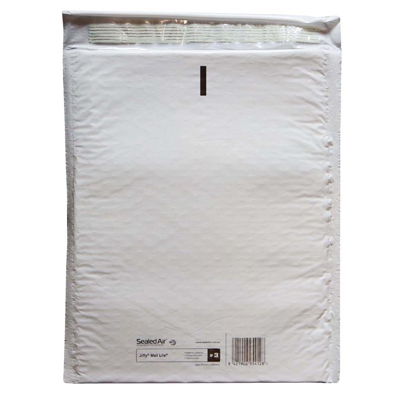 Jiffy Mail Lite Bag Size 3, 215x280mm, white bubble-lined envelope for securely mailing fragile items, made from 30% recycled content.