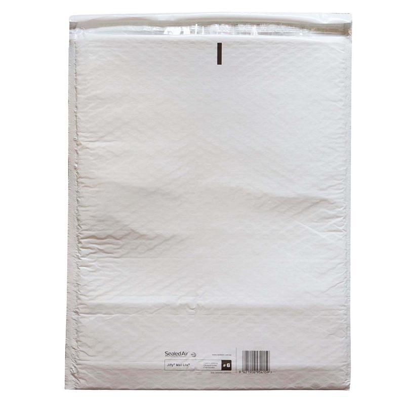 White Jiffy Mail Lite Bag Size 6 (305x405mm) with bubble lining, ideal for secure shipping of fragile items.