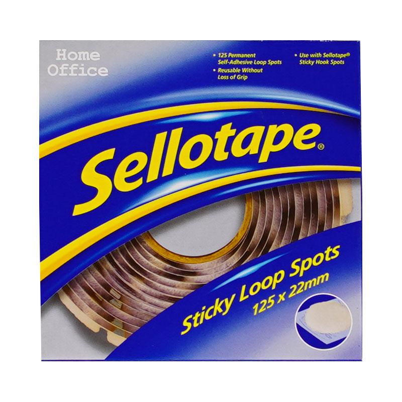 Pack of 125 Sellotape Sticky Loop Spots, 22mm, for permanent, strong adhesive bonding of hooks, signs, and displays indoors.