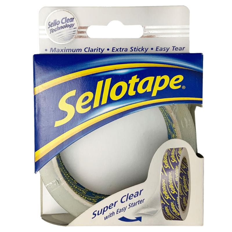 Sellotape Super Clear 24mm x 50m, invisible tape for seamless wrapping, easy tearing, and extra sticky performance.