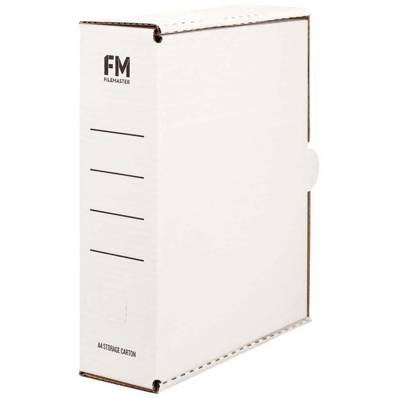 White A4 storage carton, 333x255x90mm, sturdy corrugated cardboard, features large label panel and finger hole for easy handling.