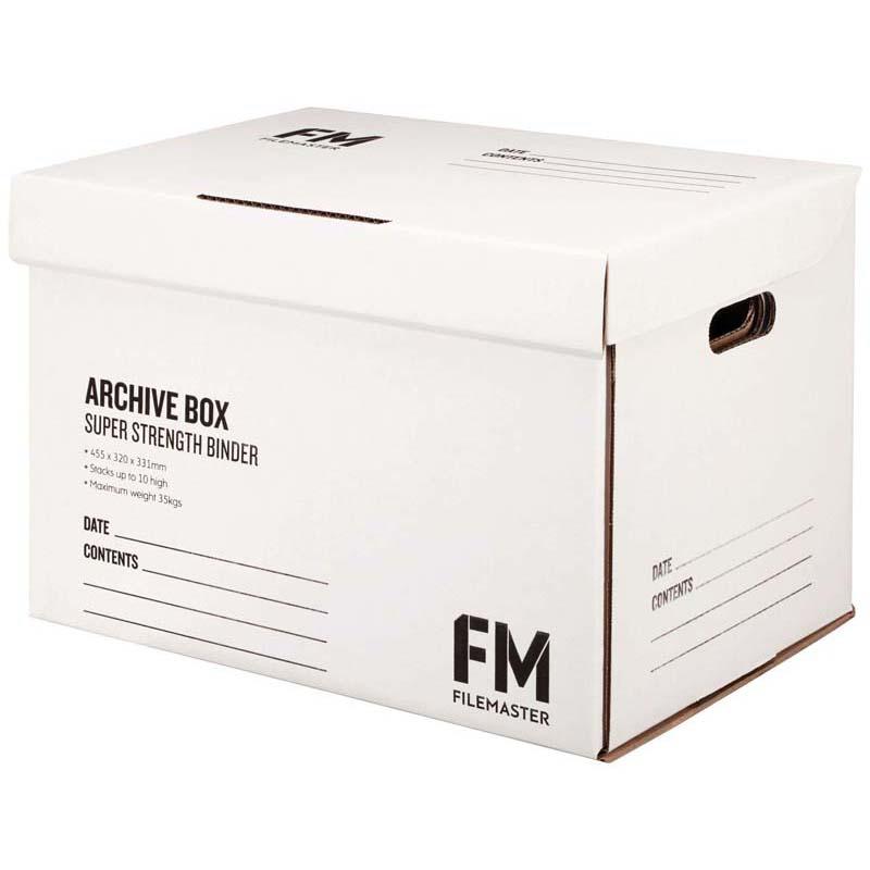 White super strength archive box for heavy-duty storage, fits 5 A4 files, 35kg load capacity, stackable design.