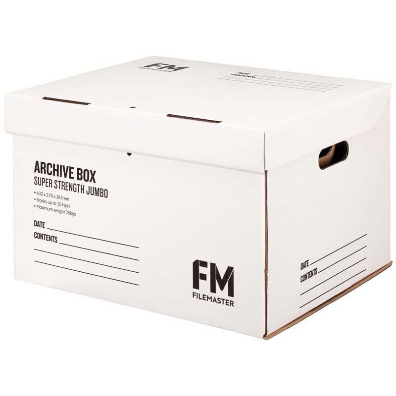 White FM Box Archive Jumbo Box, super strong cardboard, 432W x 370D x 285H mm, holds up to 35 kg, ideal for document storage.