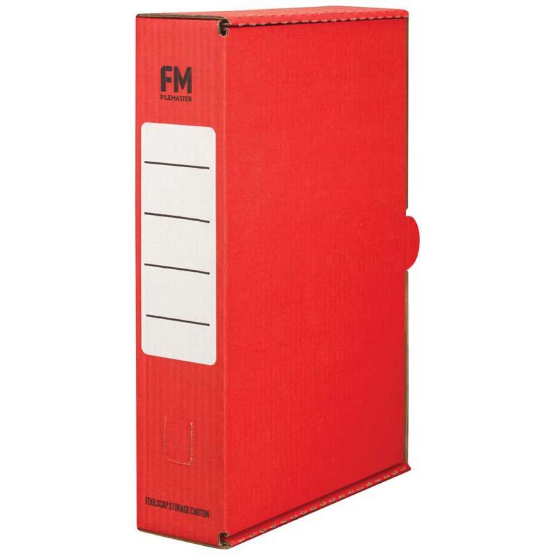 Red FM Storage Carton in foolscap size, sturdy cardboard with large writing panel and finger hole for easy handling.
