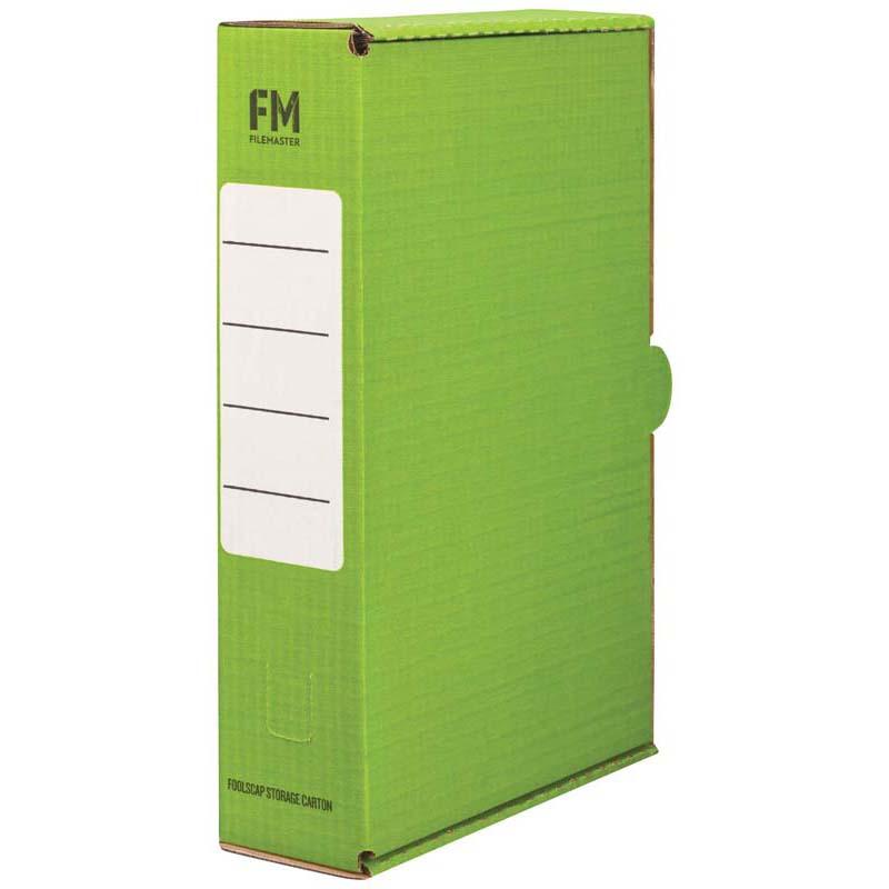 Green foolscap storage carton made from durable corrugated cardboard, featuring a large writing panel and finger hole for easy access.