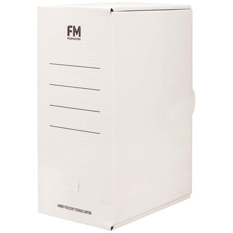 White jumbo storage carton made of sturdy double face corrugated cardboard, featuring a large writing panel and finger hole.