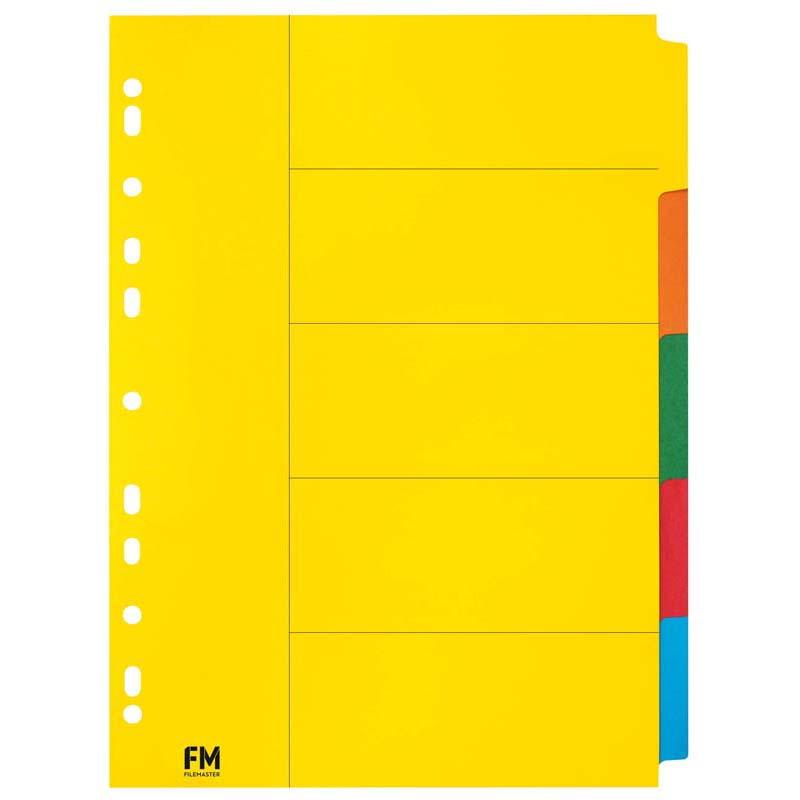 Brightly colored A4 dividers with 5 tabs designed for easy organization in binders and lever arch files.