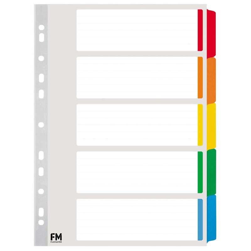 A4 dividers with five colored tabs made from durable reinforced cardboard for efficient document organization.
