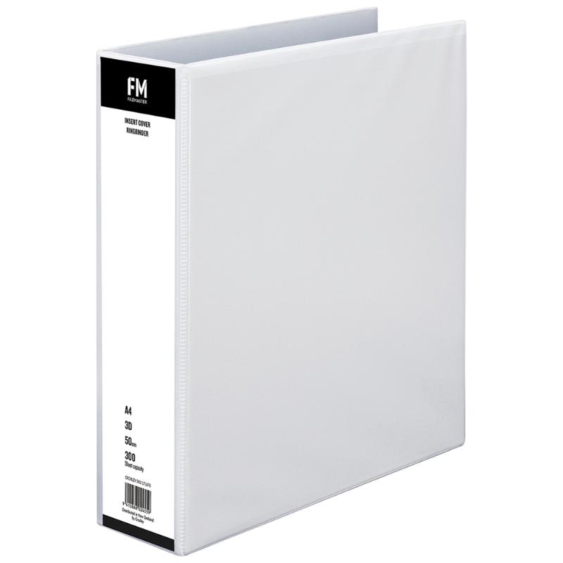 FM Binder Overlay A4 in white with 50mm ring mechanism, fits 300 sheets for organized document presentation.