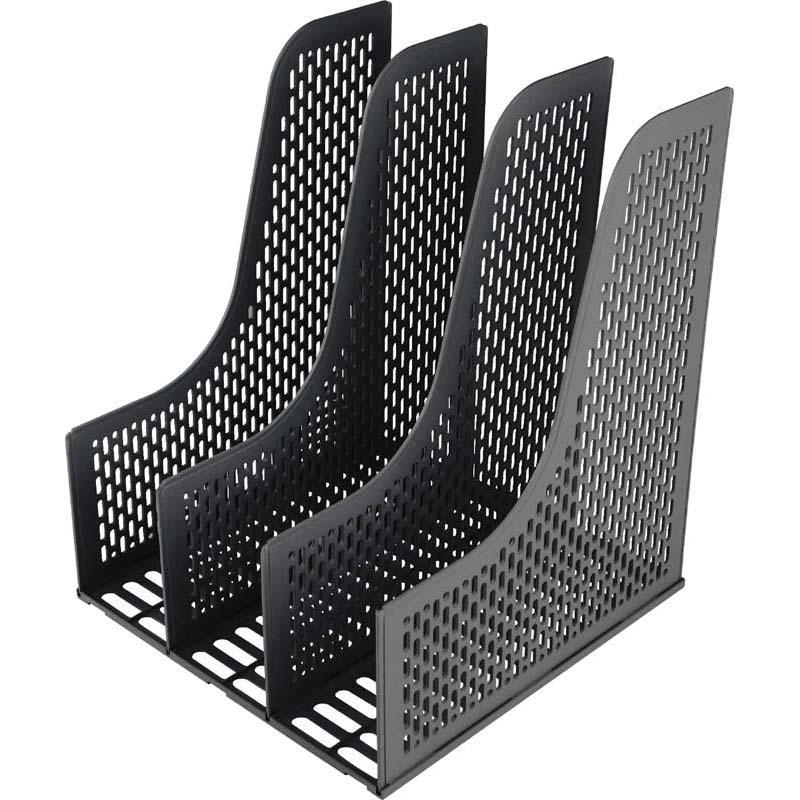 Sleek black plastic magazine holder with three grids for organizing documents, measuring 255X315X260MM, perfect for any workspace.