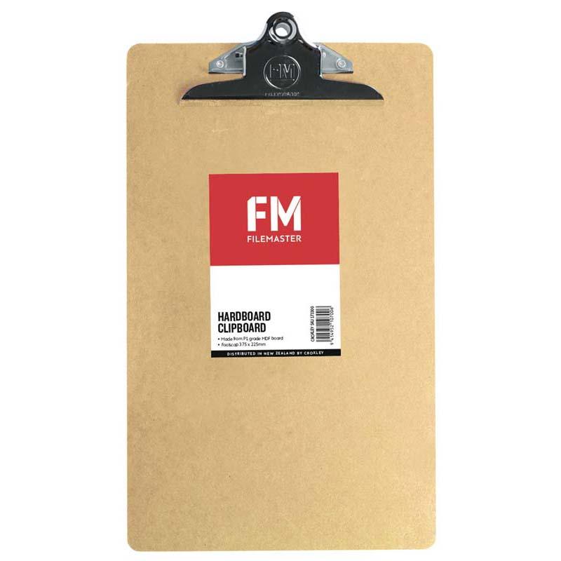FM Clipboard Hardboard in brown, durable MDF, foolscap size, perfect for professionals in warehouses and offices.