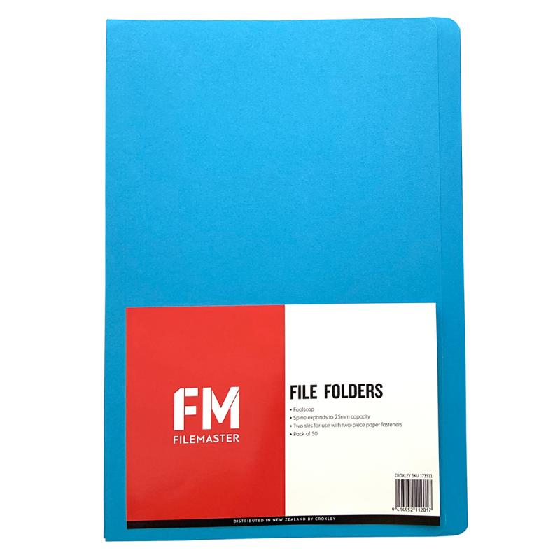Blue FM File Folder pack of 50, foolscap size, with short front panel and two slits for secure document fastening.