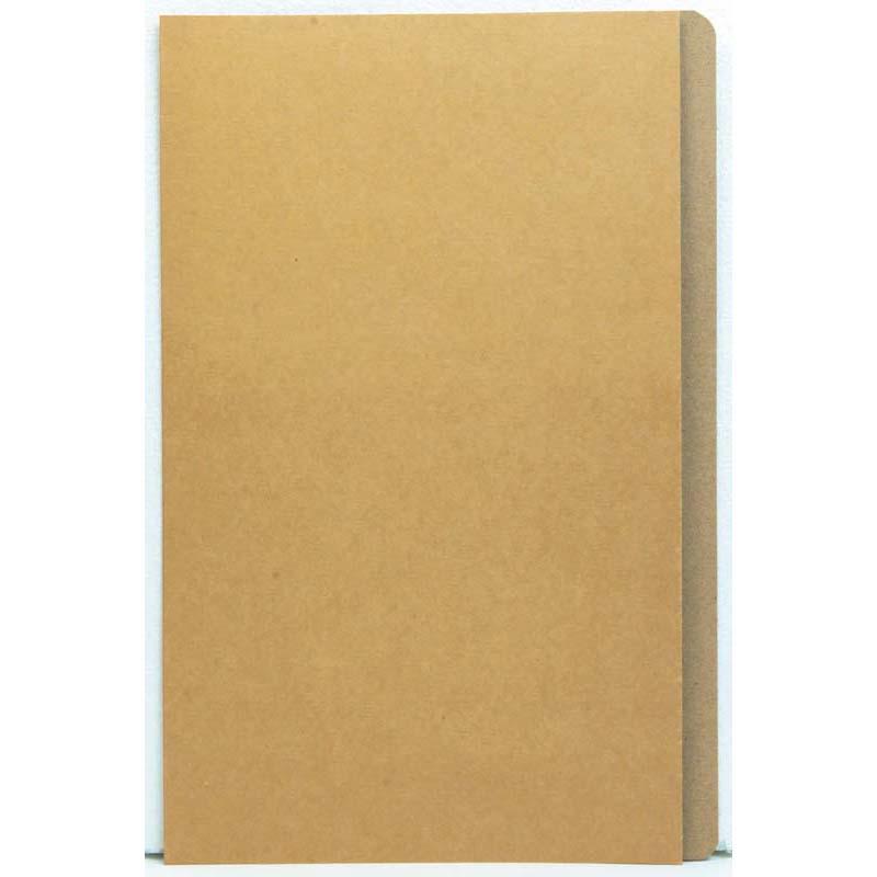 Kraft file folder pack with 10 foolscap-sized folders, featuring a short front panel and two slits for paper fasteners.