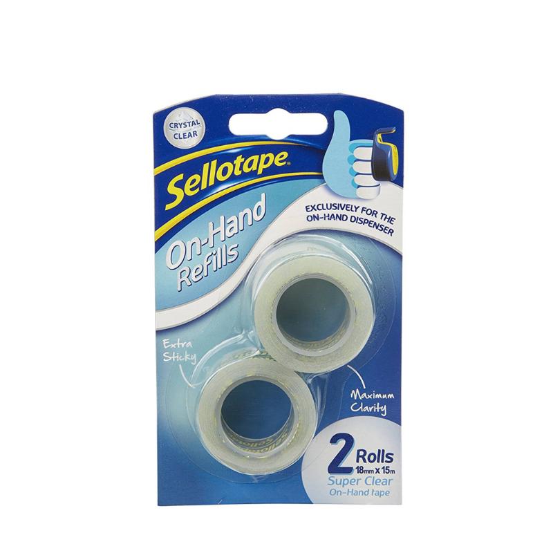 Sellotape On-Hand Refills pack of 2, 18mm x 15m, designed for seamless bonding and convenient use with dispensers.