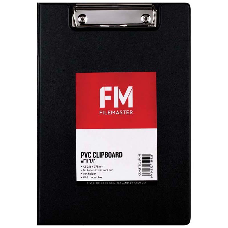 Sleek A5 black clipboard with flap, pocket for documents, pen holder, and wall mountable design for convenience.