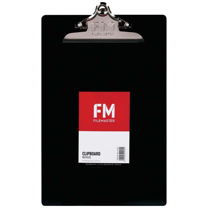 FM Clipboard in black recycled plastic with heavy-duty metal clamp, suitable for foolscap pads and eco-friendly use.